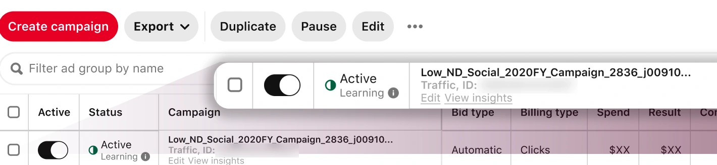Ads reporting with a magnified campaign row whose status reads Active, Learning, with an information marker.