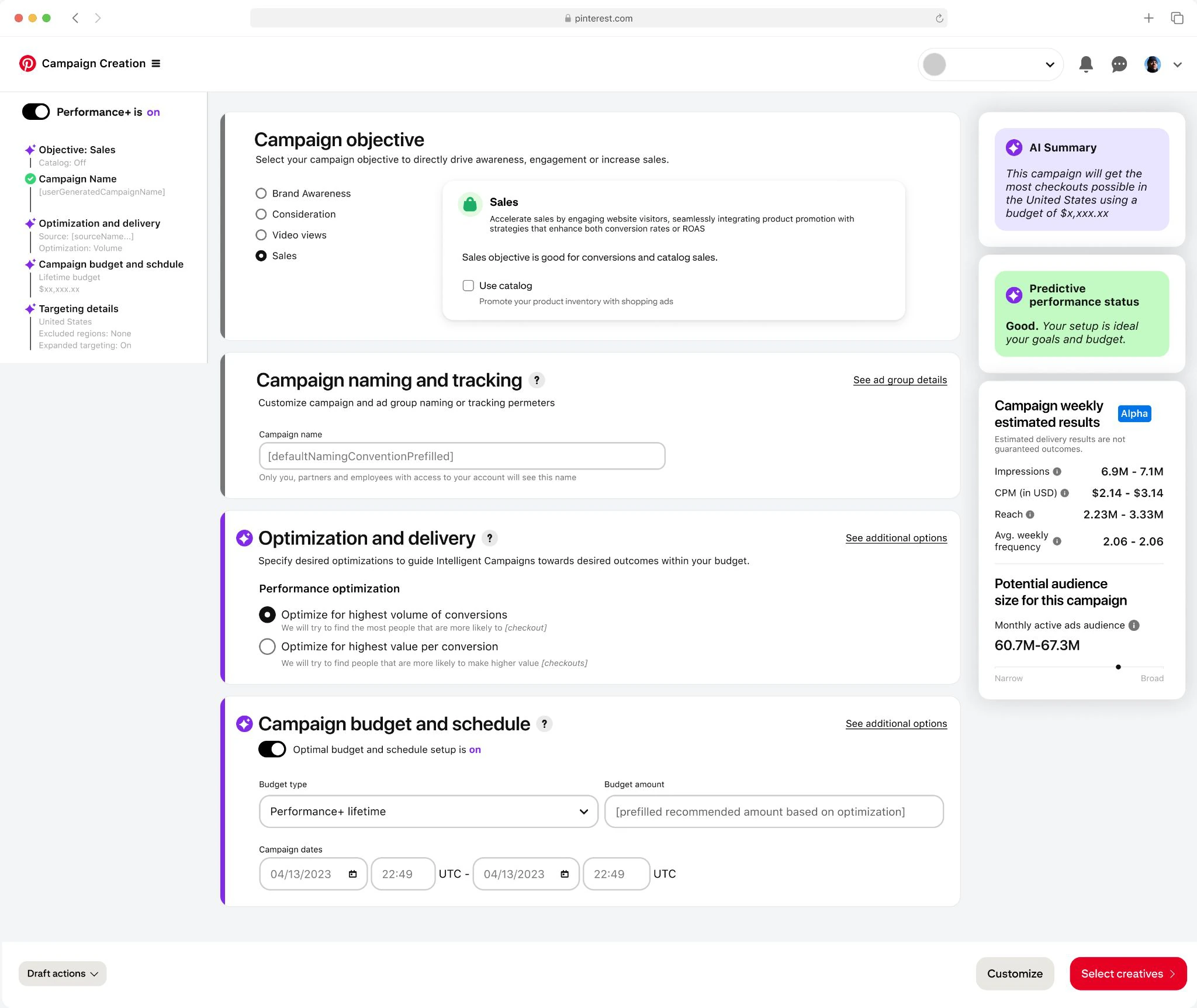 Performance+ 2.0 concept showing one creation flow with campaign objective, optimization and delivery, and budget, beside an AI summary, a predictive performance status reading Good, and weekly estimated results.