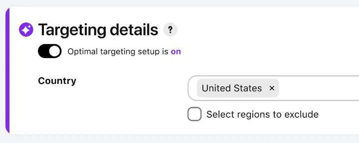 Detail of the Targeting details module. The control reads Optimal targeting setup is on.