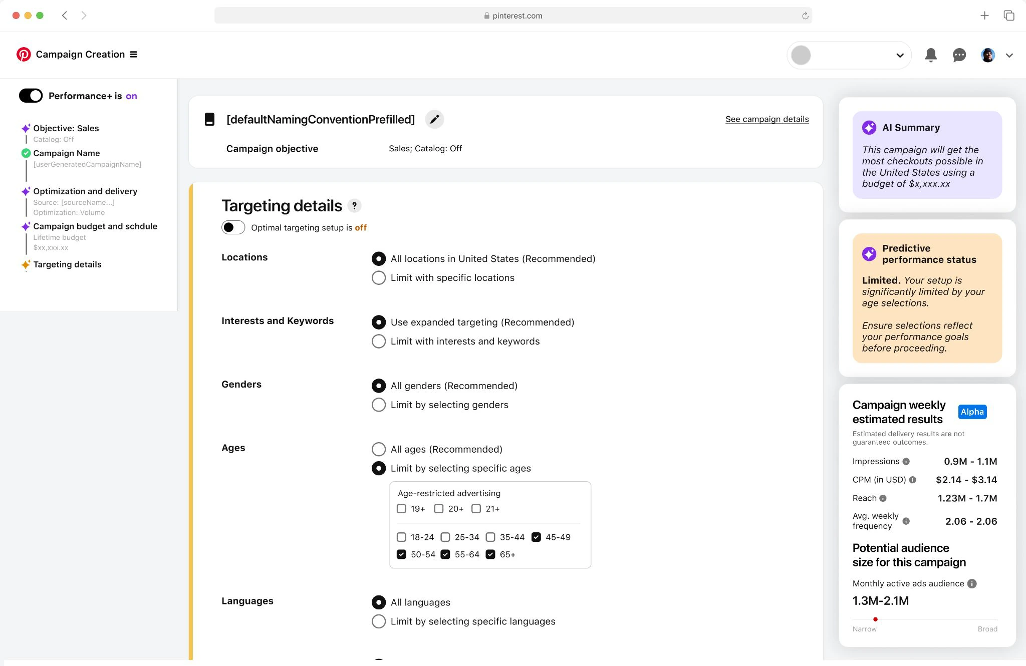The same screen with optimal targeting setup off, showing locations, interests, genders, ages and languages all expanded, and an amber status reading Limited, your setup is significantly limited by your age selections, with a potential audience of 1.3 to 2.1 million.