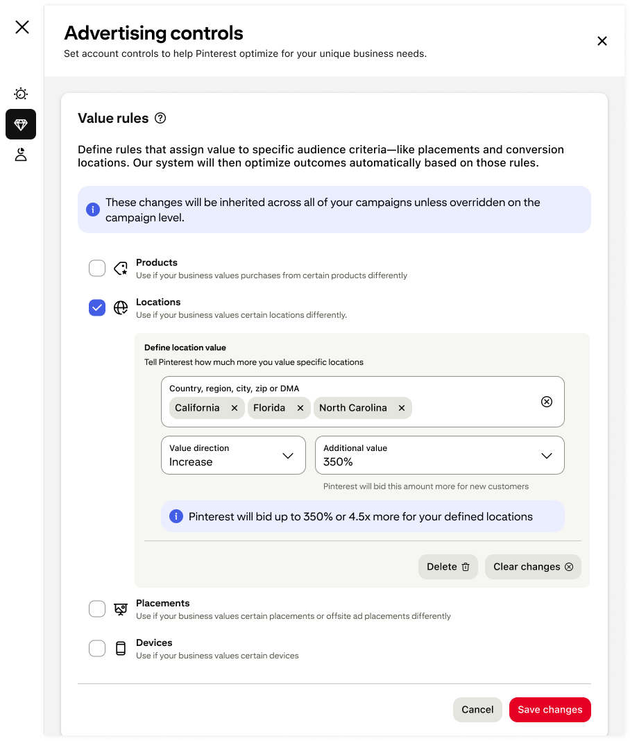 Account-level value rules interface.