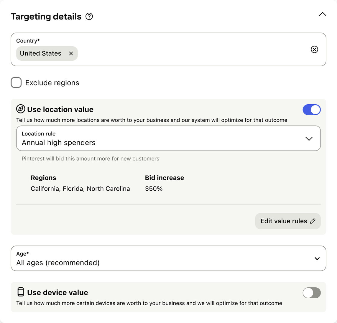 Performance+ targeting with value expression, where a Use location value block sets a named location rule and a bid increase.