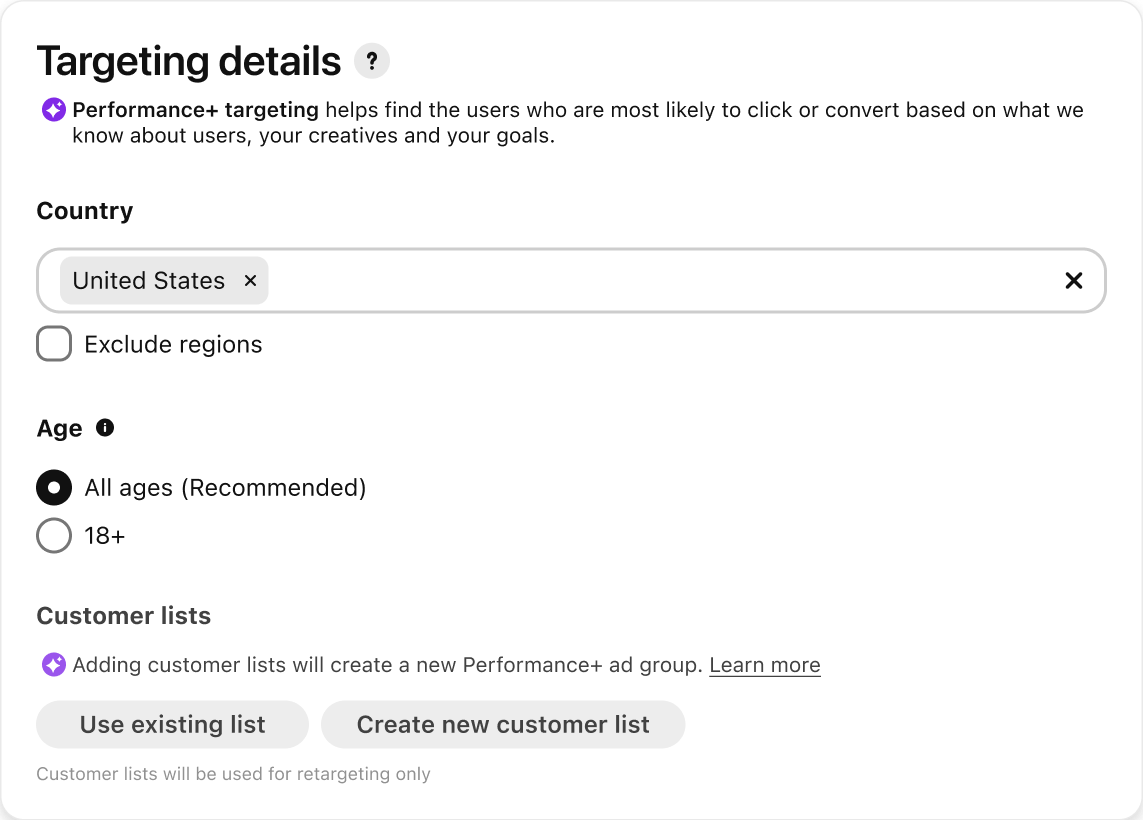 Performance+ targeting before value expression, with country selection and region exclusions only.